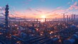 A photorealistic depiction of an industrial petrochemical plant at sunset