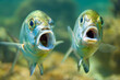 Mockup template banner with two fishes with open mouth, Amazed astonished surprised shocked concept, Copyspace place for text