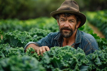 Wall Mural - Farner showing kale farm. Generative AI.