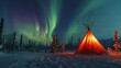 Camping in wild with teepee tent and stunning aurora light at night.