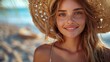 Young beautiful woman a straw hat enjoying summer vacation, beach relax, summer in tropics.