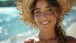 Young beautiful woman a straw hat enjoying summer vacation, beach relax, summer in tropics.