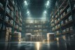 a warehouse with boxes and pallets in the background, realistic, cinematic, dark atmosphere, light brown tones, front view --ar 3:2 --stylize 250 --niji 6 Job ID: 3a2e4c31-3071-4fe9-9bf2-92f99c39f119
