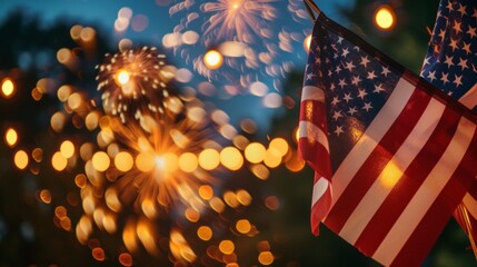 Poster - US national flag and fireworks show in celebration