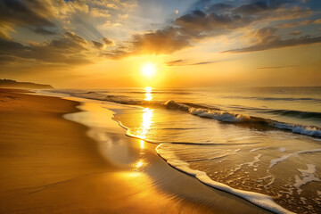 Wall Mural -  a serene beach scene at sunrise with golden sunlight reflecting off calm waves