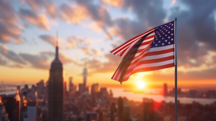 US national flag and New York City skyline at sunset.