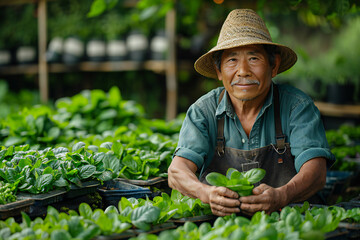 Wall Mural - Farner showing wasabi farm. Generative AI.