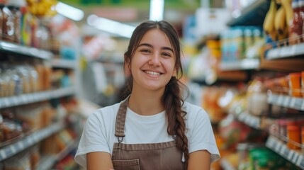 Portrait of smiling friendly employee worker in a grocery store.