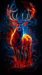 Aufkleber - a red deer with glowing antlers in its antlers. a magical creature made of fire on black background.