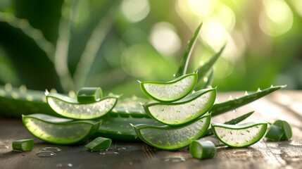 Poster - Close-up view of sliced aloe vera leaf with juice