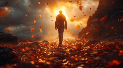 Wall Mural - A man walking through a field of leaves with the sun shining behind him, AI