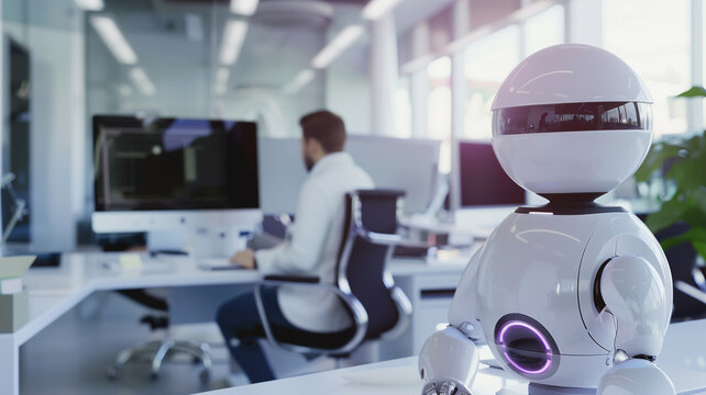 the robot works in a modern office. AI helps in the office. A robot in a white case does office work