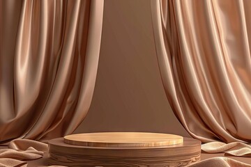 Wall Mural - Luxurious product display podium with wood frame and silk curtain, brown background, 3D rendering for advertising