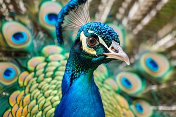 Wall Mural - Majestic peacock displaying vibrant feathers, bird portrait