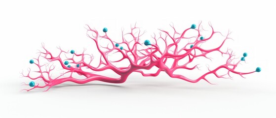 Sticker - a 3d render of a pink and aqua neuron, simple, plastic, geometric, low poly, white background