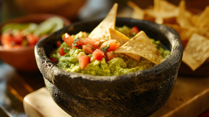 Wall Mural - Traditional Mexican Guacamole in a Molcajete with Tortilla Chips