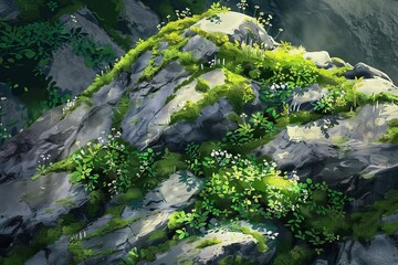 Wall Mural - Moss covered rock with small plants growing, nature closeup, botanical background, digital painting