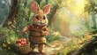 A painting of a rabbit with an apple basket in the woods, AI