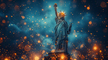 4th Of July Holiday Concept With The Statue Of Liberty And Golden Bokeh, Symbolizing American Freedom And Pride