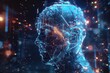 Holographic Ai in humanoid head. Conceptual image Artificial intelligence, Virtual reality, tech shapes, Head Up elements HUD. Biometric technology, Face recognition systems Ai.