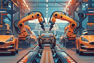 Sticker - Robotic Arms Assembling Modern Cars on Busy Factory Production Line, Industrial Automation, Digital Illustration