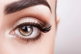 Fototapeta Panele - Closeup shot of woman eye with day makeup. Long eyelashes