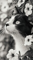 Canvas Print - A black and white photo of a cat looking up through flowers, AI