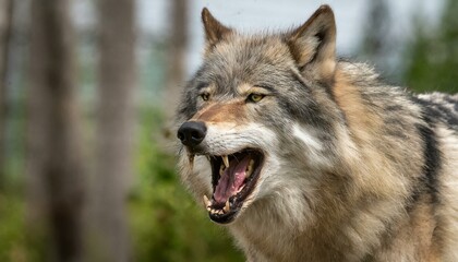  Majestic Fury: Close-Up of a Timber Wolf Showing its Growl