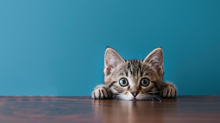 Wall Mural - A timid Shorthair kitten cautiously peeking out from under a table, solid color background