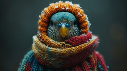 Sticker - A bird wearing a colorful scarf and hat with its eyes closed, AI