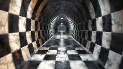 Canvas Print - A tunnel with a checkered floor and black walls, AI