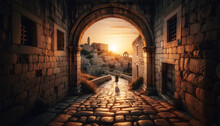 An Ancient Stone Archway Within A Historic European Town During Sunset. The View Through The Arch Reveals A Picturesque Landscape Bathed In The Warm