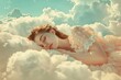 Serene woman peacefully sleeping on fluffy white cloud in dreamlike sky, surreal digital art
