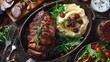 Tender roasted meat, velvety mashed potatoes, and vibrant salad greens showcased in a close-up, horizontal view from above. Culinary perfection in frame.