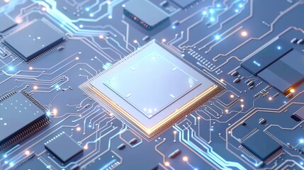 Poster - The CPU processor chip is on circuit board, light white and light gray design, dynamic energy flow
