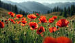 Red poppy. Poppy flowering. Mountain landscape with blooming red poppy. Panorama of flowering mountain meadows. AI generated