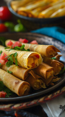 Wall Mural - Savory Golden Taquitos Plated with Fresh Garnish