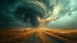 A road leading to a field with storm clouds in the distance, AI