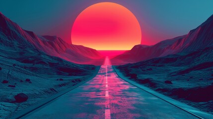 Sticker - A road leading into the sunset with a mountain in front of it, AI