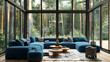 Large room with blue sofa and lounge chairs. Modern living room interior design in a minimalist cottage in the forest