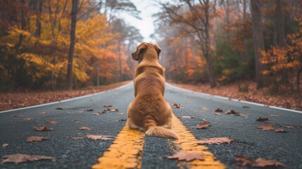 Sticker - A dog sitting on the side of a road looking at something, AI