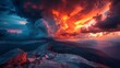 A very colorful sunset over a mountain range with clouds, AI