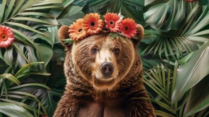 Wall Mural - A brown bear with flowers on its head in a tropical setting, AI