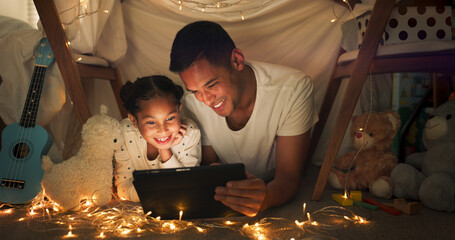 Sticker - Tent, father and girl on tablet at night watching movies, online games and bedtime story with fairy lights. Happy family, smile and dad with kid in bedroom on digital tech for bonding, relax and love