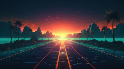 Canvas Print - Road to horizon in synthwave style. 80s styled purple and blue synthwave highway landscape.