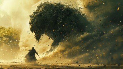 Poster - A man is walking in front of a giant monster, AI