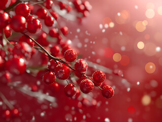 Canvas Print - Red Berries with Snowflakes on Festive Bokeh Background