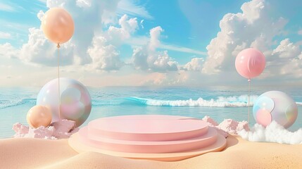 3D beach podium for summer sale, sand stand, sea and sky background, holiday promotion stage