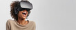 A woman enjoying a virtual reality headset, ideal for promoting user-friendly VR technology and highlighting immersive entertainment.