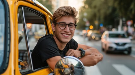 Sticker - Smiling Man in Yellow Taxi